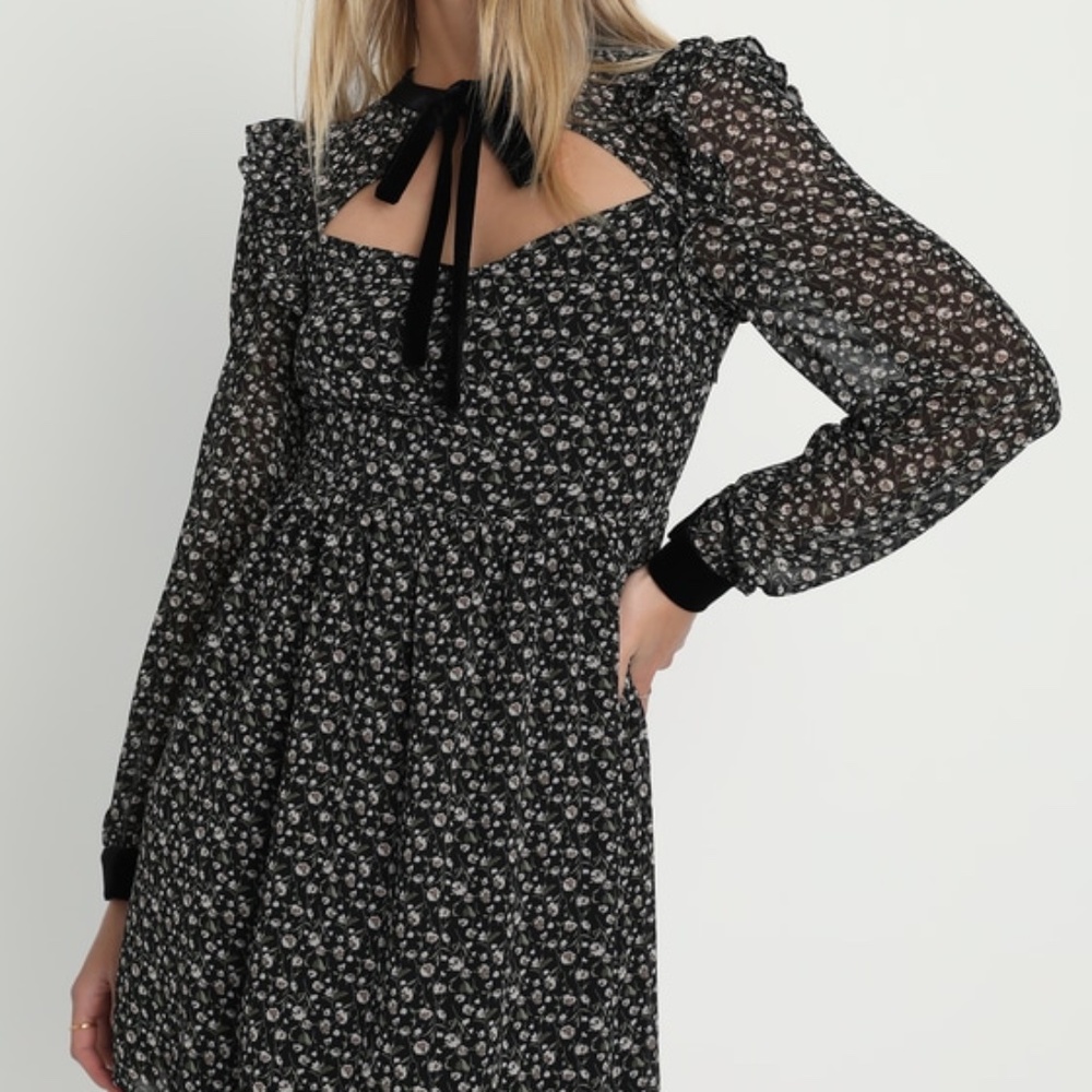 Posh Impression Black Floral Print Tie Neck Mini Dress